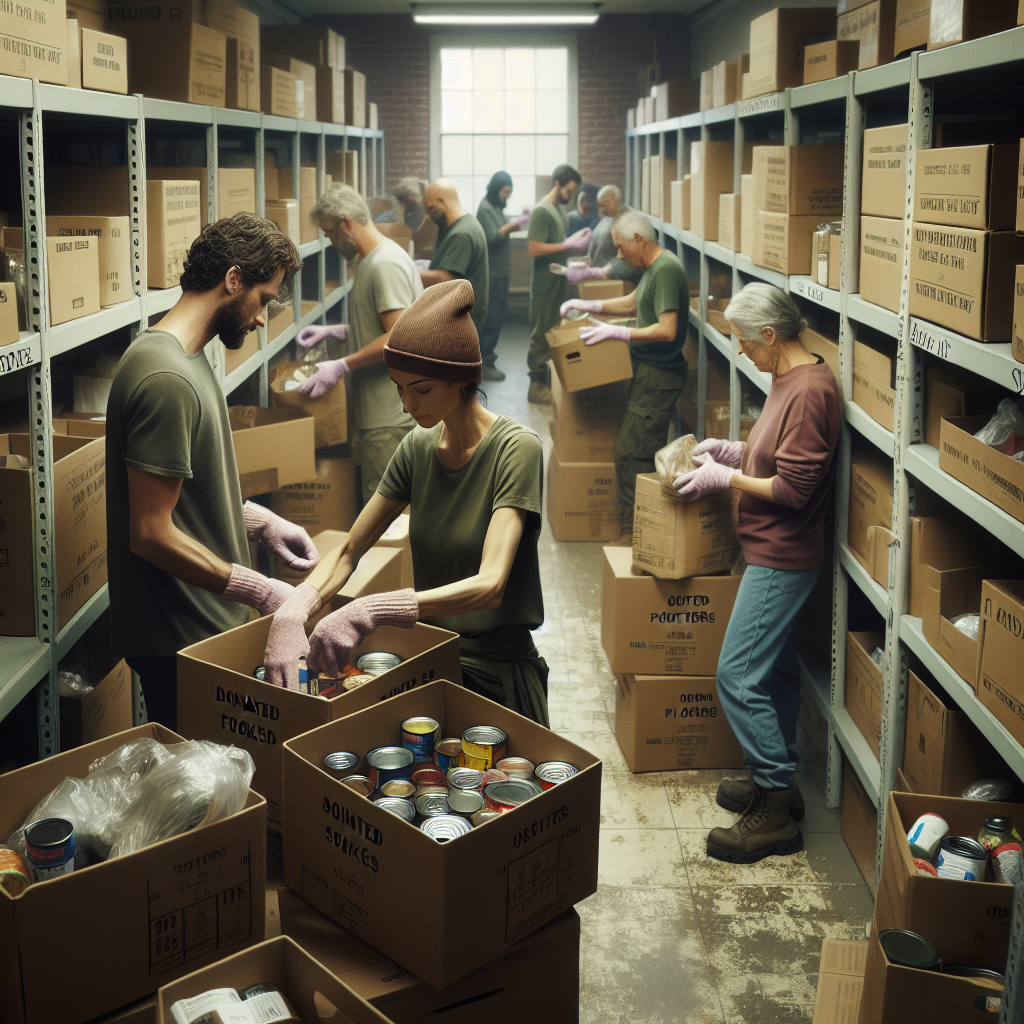 Volunteer Service participants sort donated food into boxes at a community pantry in natural window light.